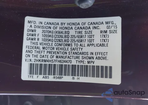 2015 Honda Cr-V Ex из США, поврежденный, VIN 2HKRM4H57FH634470